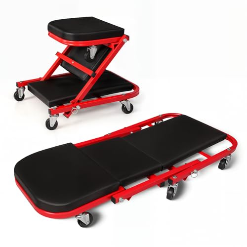Magshion Enredadera Plegable Triple de 36 Pulgadas 2 en 1 para cochera y Asiento, Enredadera mecánica de Perfil bajo con 6 Ruedas giratorias, Capacidad de 330 Libras (Rojo)
