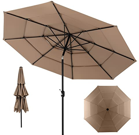 COSTWAY Ombrellone da Giardino 293 cm a 3 Livelli, Ombrellone da Esterno con Doppia Ventilazione, Inclinazione Regolabile, con Manovella 8 Stecche, per Spiaggia Giardino Piscina (Caffè)