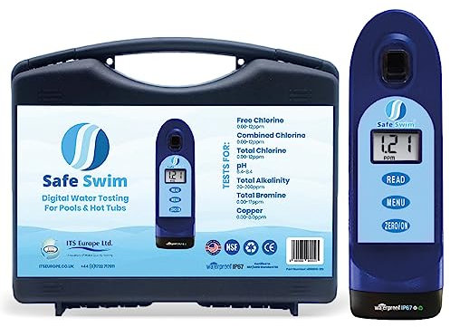 Safe Swim Meter - Digital Testing for Pools & Hot Tubs - Free Chlorine, Combined Chlorine, Total Chlorine, Bromine, Copper, pH, & Total Alkalinity. (Safe Swim Digital Meter)