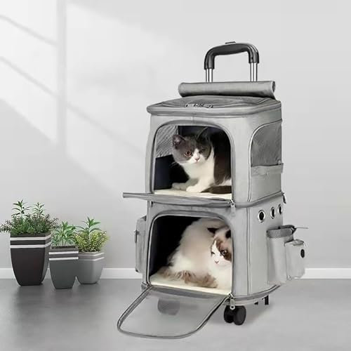 Pucaru Doppelschichtige Haustier-Trolleytasche, Katzenkorb Transport, Hundetransporter, Platz Auf Zwei Ebenen, mit Abnehmbaren Rädern