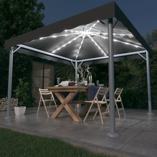 Gecheer Cenador con cadena de luces LED, 300 x 300 cm, antracita, aluminio, cenador de exterior, toldo, pérgola con tela, pabellón de jardín, carpa para fiestas, cenador para barbacoa, A3070343
