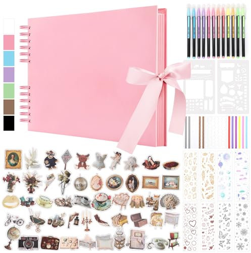 DazSpirit DIY Scrapbook Photo Album with Ribbon, 80 Pages/40 Sheets Scrap Book Rectangle Hardcover Photo Book, With 12 Marker Pens & 7 Stickers, Ideal for Scrapbooking, Arts, Crafts and DIY, Pink