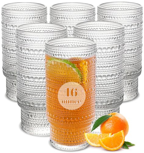 Cowjut Large Capacity 16 oz Hobnail Drinking Glasses Set of 6, Vintage Glassware Drinking Glasses, Clear Water Glasses Tumbler, Cups for Kitchen, Juice, Beer, Cocktail, Whiskey