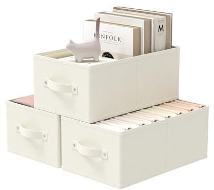 GUOHNHE Scatole Portaoggetti, Set da 3 Ceste per Armadio, Cubi Contenitori Salvaspazio con 2 Manici, Wardrobe Organizer Non Tessuto, 33 x 23 x 14 cm, Beige, XSNY11BES-3