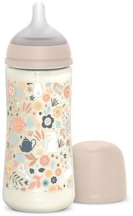 Suavinex, Biberon 360 ml, Biberon avec Tétine Symétrique SX Pro en Silicone à Débit Rapide (L). Avec Valve Anti-Colique. Silicone Fin Ultra-Doux. Pour Bébés, +6 Mois, Wonderland Rose Floral