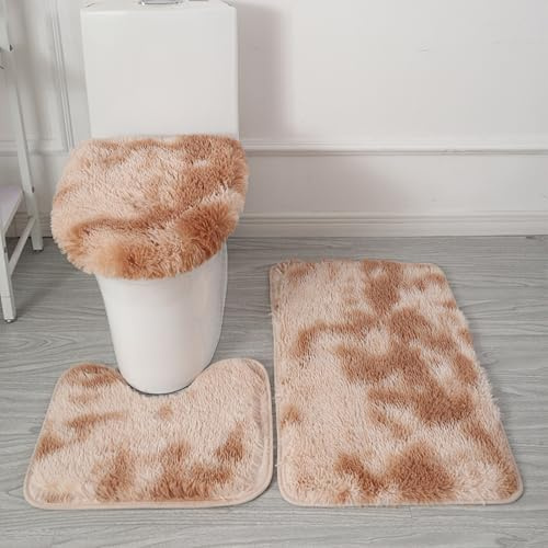 Générique Juego de 3 Piezas de Alfombra de Baño en Microfibra Ultra Suave – Antideslizante, Absorbente, Lavable a Máquina, Alfombrilla para Contorno de Inodoro y Funda para Tapa de Inodoro (Camel