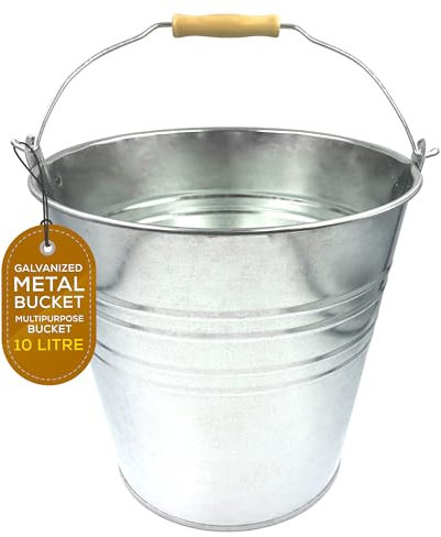 Strong Galvanized Metal Bucket Large Capacity 10L 12L 15L - Pack of 1 or 2 - Perfect for Water Fire Garden Ice Coal Cleaning etc (PACK OF 1, 10L)