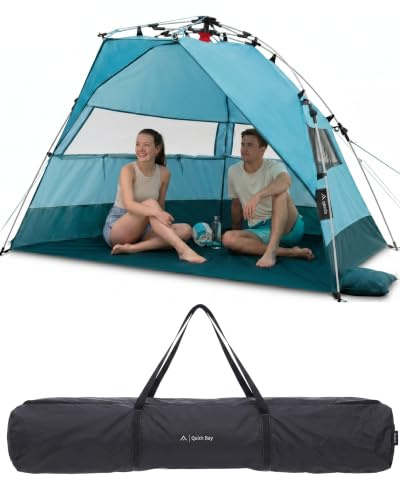 qeedo Quick Bay Strandmuschel für 2 Personen mit UV-Schutz 80+ und 360° Panorama View - leichtes Strandzelt mit Quick-Up-System für Aufbau in 10 Sekunden - Für Familien, Babys und Hunde