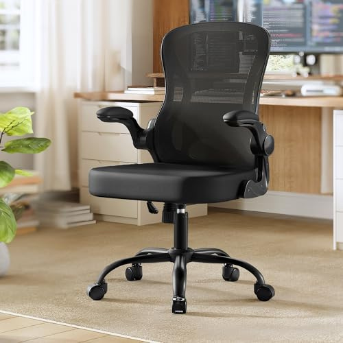 SONGMICS Silla de Oficina Ergonómica, Silla de Escritorio Giratoria de Malla con Soporte Lumbar, Reposabrazos Abatibles, para Estudio y Dormitorio, Negro Tinta OBN042BH02
