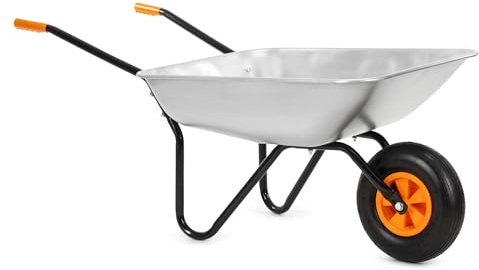 Springos Carretilla de 120 l con neumáticos de aire y bandeja de acero galvanizado, capacidad de carga de hasta 100 kg, para jardín, construcción, patio, taller, color plateado y naranja