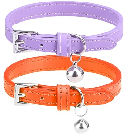 PUPTECK 2 PCS Soft Genuine Leather Cat Kitten Collar with Bells Adjustable for Girl Boy Cats Puppy - Orange, Purple