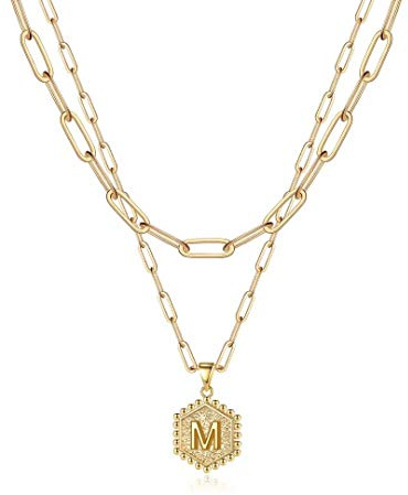 M MOOHAM Dainty Layering Initial Necklaces for Women Trendy - Cute Hexagon Letter Initial M Necklace 14K-Gold-Plated Layered Necklaces for Women Trendy