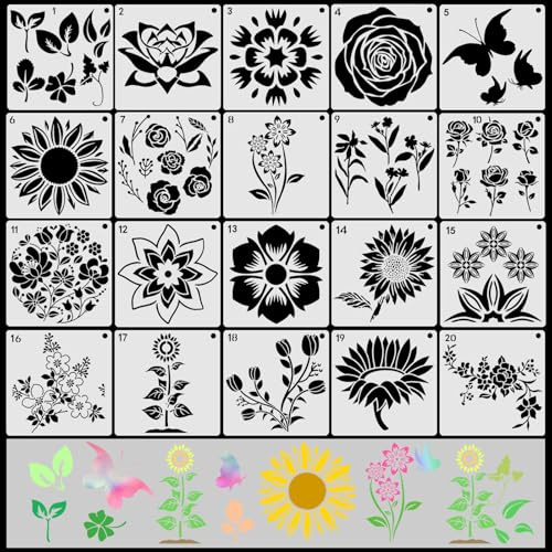 VETPW 20 Pcs Girasol Plantillas de Pintura Reutilizables, Set de Dibujo DIY para Suelos, Ventana, Muebles, Madera, Diseño de Paredes, 15x15CM