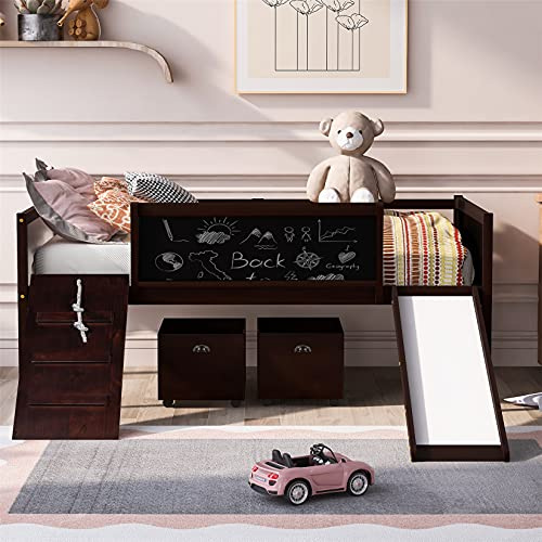 Bellemave Kids Loft Beds, Low Loft Bed Frame with Slide Twin Loft Bed with Storage Boxes, Climbing Ladder and Chalk Board Multifunctional Modern Loft Bed for Kids Boys Girls, Espresso