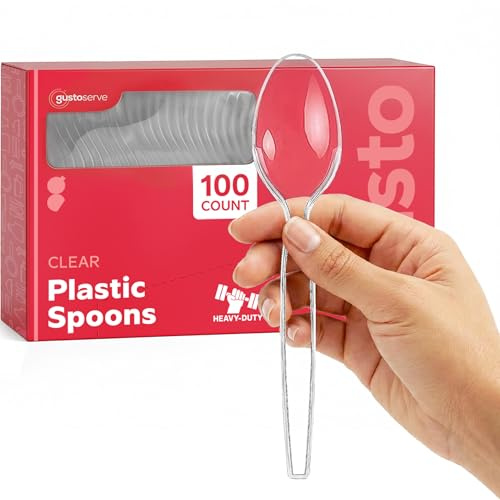 GUSTO Heavy Duty Plastic Spoons [100 Count] Clear, Disposable Cutlery for Parties, Events, Catering & Everyday Meals – BPA-Free, Durable Tableware (Formerly Comfy Package)