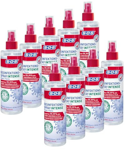 SOS Desinfektionsspray INTENSE für Hände + Flächen | beseitigen 99,99% der Bakterien, Pilze, Viren* (zB Herpes- Grippe- und Noroviren) | erweitertes Wirkspektrum**| 9 x 250ml