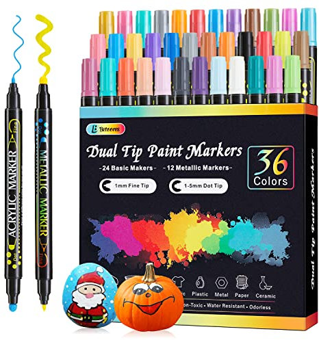 Betoores 36 Acrylstifte Set mit Doppelspitze (12 Metallic Farben), Wasserfest Stifte zum Bemalen von Steinen, Holz, Glas, Papier, Stoff, Leinwand, Keramik - Ideal für DIY & Basteln