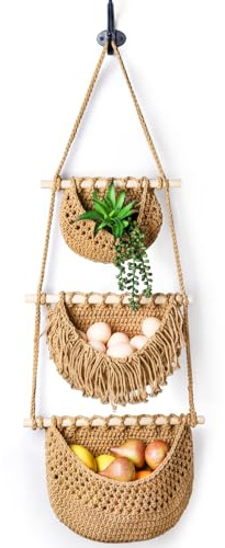 Lawei 3 Tier Hanging Fruit Basket, Wall Hanging Vegetable Fruit Baskets Cotton Woven Storage Baskets for Organizing, BOHO Wall Basket Decor, Over the Door Organizer for Kitchen, Bedroom, Bathroom