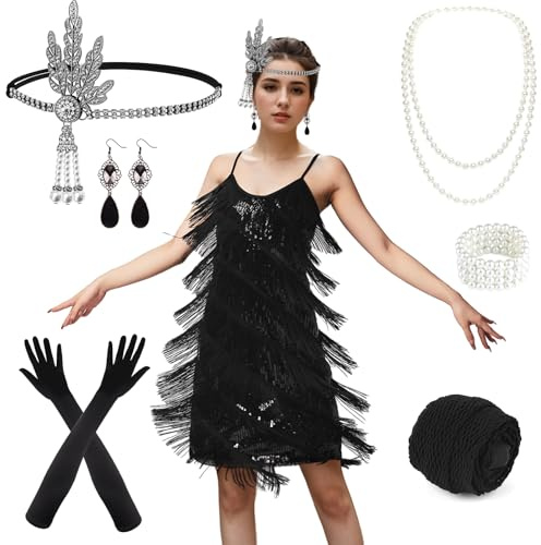 PLULON Vestido de Fiesta de Cóctel con Flecos y Lentejuelas Gatsby de los Años 20 para Mujer con Accesorios de los Años 20 Conjunto de Disfraz para Fiesta de Noche (Negro)
