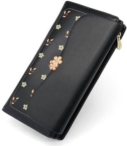 REETEE Geldbörse Damen Groß im Langformat Geldbeutel Damen PU Leder Portemonnaie Viele Fächer, Portmonee mit 10 Kartenfächer und Zipper Münzfach Brieftasche (L-schwarz)
