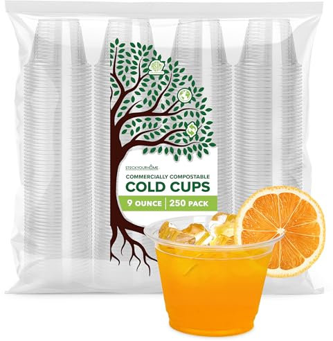 Stock Your Home 9 oz Clear Commercially Compostable Cold Cups Plant Based Eco Party Cup, Environmentally Friendly Recyclable Disposable Sustainable for Water, Wine & Beer Sample (250 Pack)