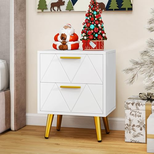 YITAHOME Table de Chevet avec 2 Tiroirs, 2 Ports USB et 2 Prises de Courant, Table d'Appoint avec Pieds et Poignées en Métal Doré, Bout de Canapé pour Salon, Chambre à Coucher, 40x 30 x 52cm, Blanc