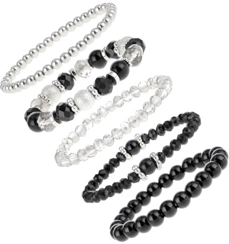Yolev Beaded Pearl Stretch Bracelet Silver Stackable Crystal Beads Bracelets Trendy Costume Jewelry Bead Bracelets Set Black Jewelry Accessories for Birthday Party Vacation Decor Friendship BridalGift