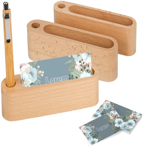 Tarjetero de Madera, 3 Piezas Expositor de Tarjetas de Visita Organizador, Expositor de Tarjetas de Visita, Tarjetero de Madera para Escritorio, Porta Tarjetas de Visita Con Orificio Para Bolígrafo