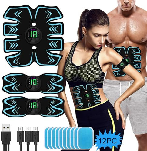 PAPOIYA EMS Bauchmuskeltrainer Muskelstimulator, USB Wiederaufladbar Trainingsgerät,6 Modi & 9 Intensitäten,Elektrostimulation Muskelstimulation Bauchmuskeltrainer (Blau)