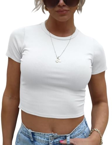 LEEDYA Crop Tops for Women Crewneck Y2K Summer T-Shirt Basic Short Sleeve Fitted Knit Ribbed Casual Blouse Cute Tee Shirt White L