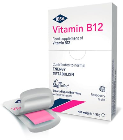 Vitamin B12 IBSA FilmTec® - Complemento Alimenticio a base de Vitamina B12-30 Láminas Bucodispersables - Contiene edulcorantes - Sin Gluten ni Lactosa - Sabor a Frambuesa