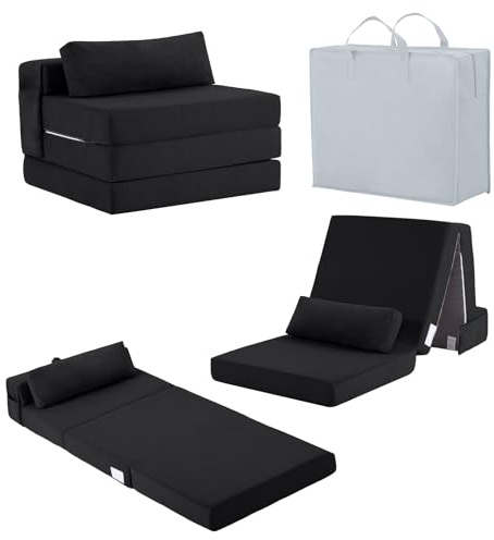 Tiita Folding Sofa Bed-Convertible Sleeper Chair with Storage Bag, Tri Foldable Mattress with Pillow, Portable Fold Out Chair Bed Floor Sofa for Living Room/Dorm/Guest Use/Travel, Single Size, Black