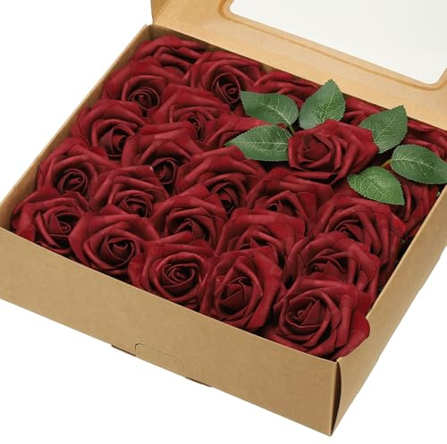 sourcing map 50Pcs Fake Roses with Stems, 3.15 Inch Foam Roses Artificial Flowers for DIY Craft Wedding Bouquets and Party Decoration(Dark Red)