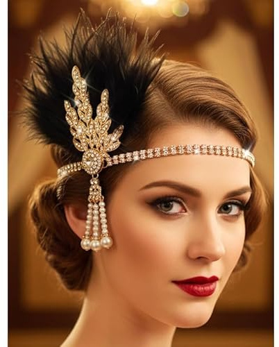 Zimocepuz Showgirl Headpiece, Copricapo di piume nere con perle e strass, Elegante copricapo stile anni '20 dorato per donne