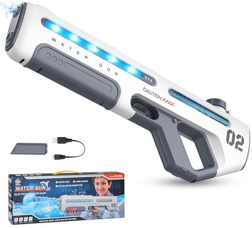 Pistola ad Acqua Elettrica, Potente Pistola Acqua con Assorbimento Automatico per Bambini e Adulti, Luci LED, Tiro Continuo Portata 8m, Giocattolo Acquatico per Spiaggia, Piscina e Giardino (Bianco)