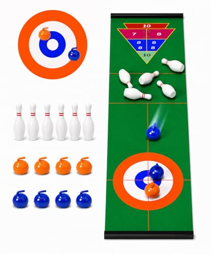 TINGLAN 3 in 1 Tabletop Curling Bowling Game Portable Team Board Game for Family Party Tabletop Curling Stones for Office Home, 8 Curling Stones, 6 Bowling Pins