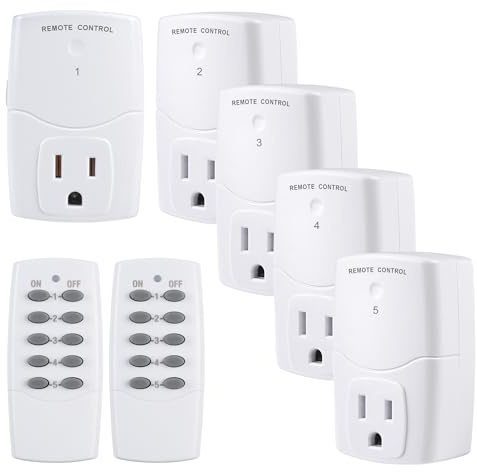 BN-LINK Mini Wireless Remote Control Outlet Switch Power Plug in for Household Appliances, Wireless Remote Light Switch, LED Light Bulbs, White (2 Remotes + 5 Outlets) 1250W/10A