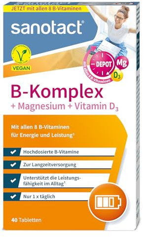 sanotact B-Komplex + Magnesium + Vitamin D3 (60 Tabletten) • Hochdosierte B-Vitamine mit Depot & Langzeitwirkung • 100% Vegan • Vitamin B1, B2, B6, B12, D3, Biotin, Folsäure, Magnesium