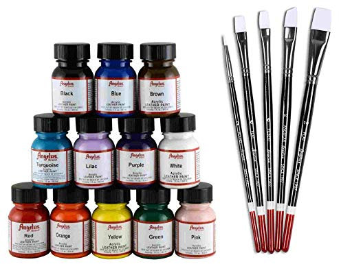 Lot Angelus : 12 teintures pour cuir de 29,5 ml et 5 pinceaux.