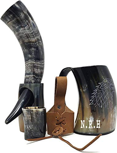 Authentic Viking Drinking Horn Set with Mug - Genuine Ox Horn Vessel with Stand, Shot Glass, and Leather Belt Holster - Handcrafted Norse Ale Mug for Medieval Cosplay, LARP, and Game of Thrones Fans