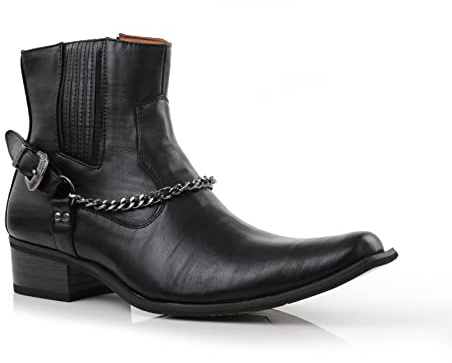 Ferro Aldo Reyes Men's High-Top Western Biker Boot | Snipe Toe Ankle Boot with Side Zipper and Harness Chain | MFA606332 | in Black, Size 11