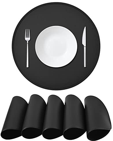 elagel Platzsets Rund Tischsets Abwaschbar Schwarz 6er Set, Tischsets Weihnachten Leder Lederoptik Kunstleder Wasserdicht Platzdeckchen - Hitzebeständig Schmutzabweisend Tischset für Küche Speisetisch