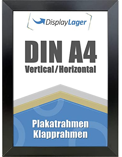 DisplayLager - Flat Profile Klapprahmen, Dünne 20mm Aluminium Profil, Entspiegelter Schutzscheibe, Befestigungsmaterial (Schwarz, A4)