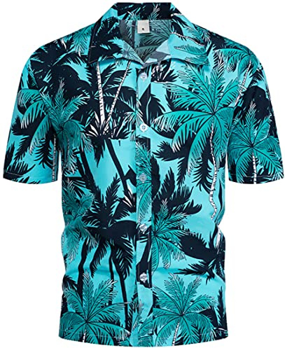 PADOLA Hawaii Hemd Männer Funky Kurzarmhemd Herren Bedruckt Hawaii Hemd Blumen Strandhemd 80er Jahre Outfit Sommer Hemd (Blaugün, XL)