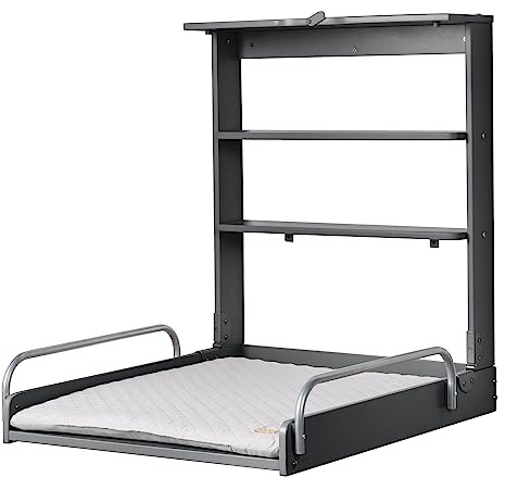 roba Cambiador de Pañales Plegable de Pared en Madera Antracita + Colchón Resistente al Agua Style gris - 2 Estantes Prácticos - Soporta hasta 15 kg - Ahorro de Espacio