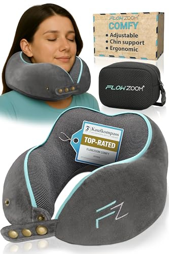 FLOWZOOM Comfy Memory Foam Travel Pillow for Airplane & Car – Adjustable Neck Cushion with 360° Support, Soft, Washable Plush Cover and Compact Mesh Bag - Grey