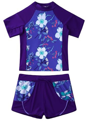Fldy Mädchen UV Badeanzug 2-Teiliger Kurzarm Oberteil Shorts Kurze Hose Set UPF 50+ Bademode Kinder Schwimmbekleidung Strandmode Lila Blumen_A 146-152