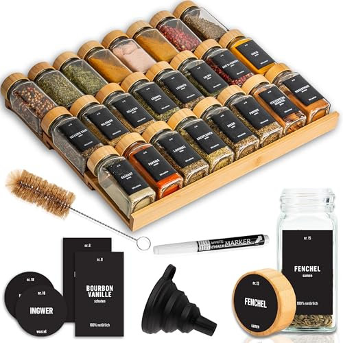 Deco haus® Gewürzregal Schublade aus Bambus [MIT 24 GEWÜRZGLÄSER & ETIKETTEN] - Gewürzeinsatz Schublade - Gewürzschublade Organizer - Gewürz Schubladeneinsatz Gewürze - Gewürzorganizer