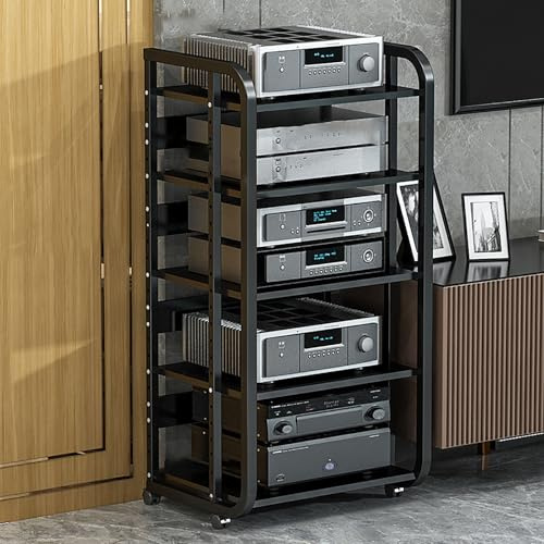 Audio Rack Gaming Hylla DVD Hylla AV Media Stand Hörnhylla med förvaringshyllor och Universal Wheel Record Player Stand för Living Room Gaming Room Music Studio Recording Room.(Black,50x42.5x110cm)