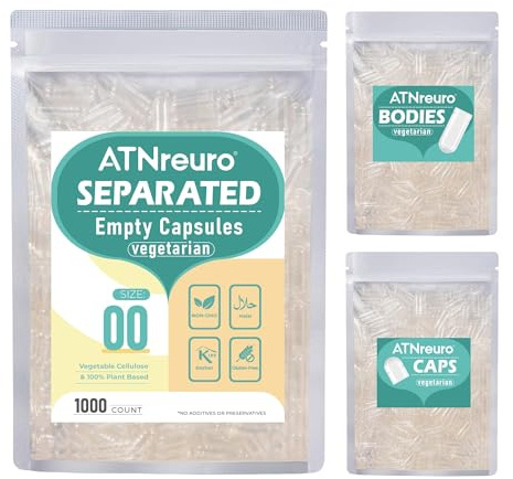 ATNreuro Cápsulas Vacías Vegetales Tamaño 00 Separadas (1000 piezas), Transparentes, Compatible con Máquina Llenadora de Cápsulas 00
